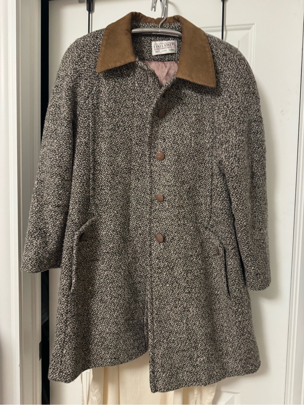Vintage D’allsirds Brown Tweed Wool Blend genuine leather collar Coat